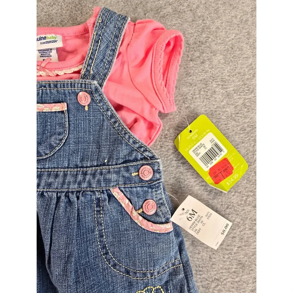 Genuine Baby OshKosh 6m Denim Jumper Dress Pink Bodysuit Floral Y2K Deadstock
